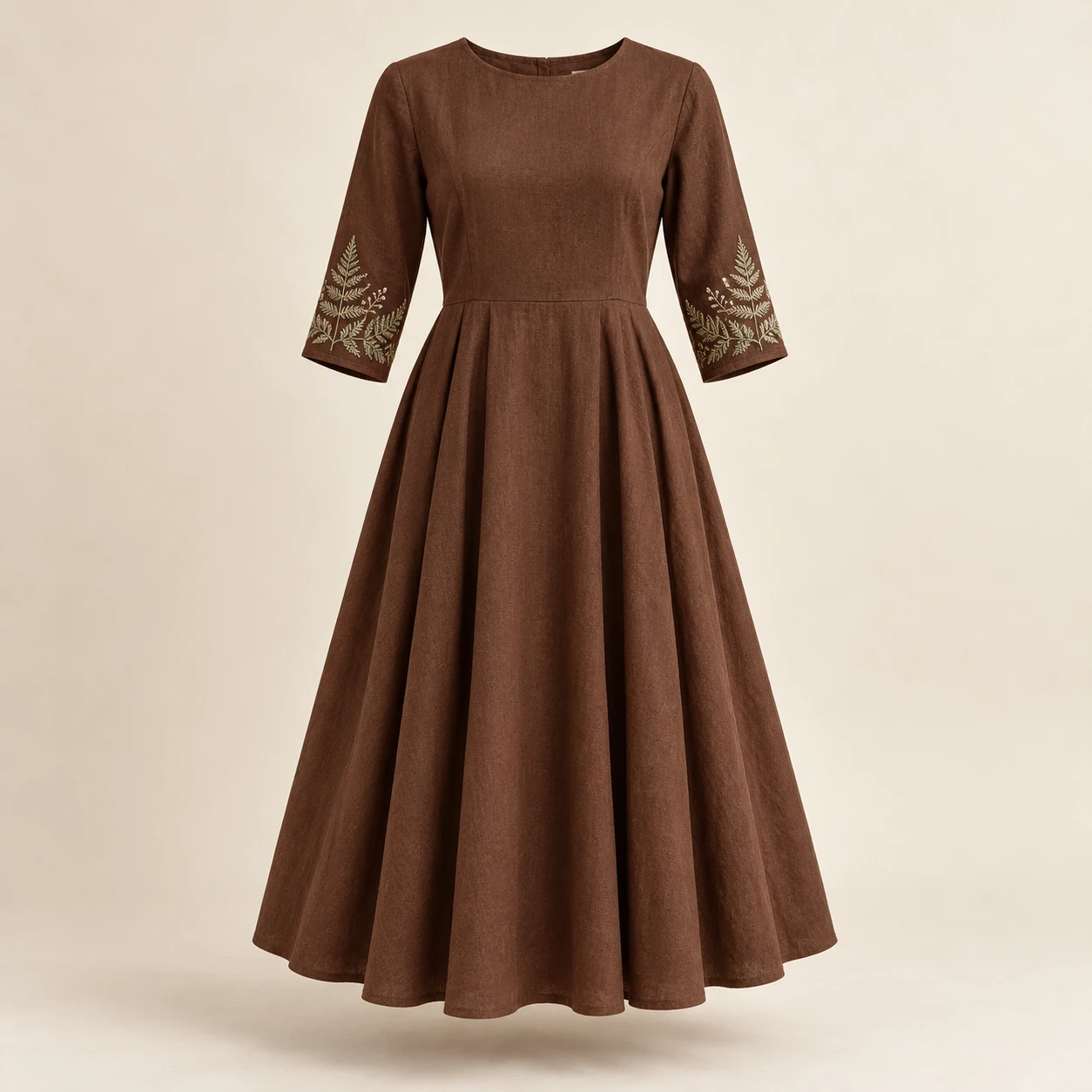 Autumn Fern Dress, Chestnut, fern embroidery at the cuffs