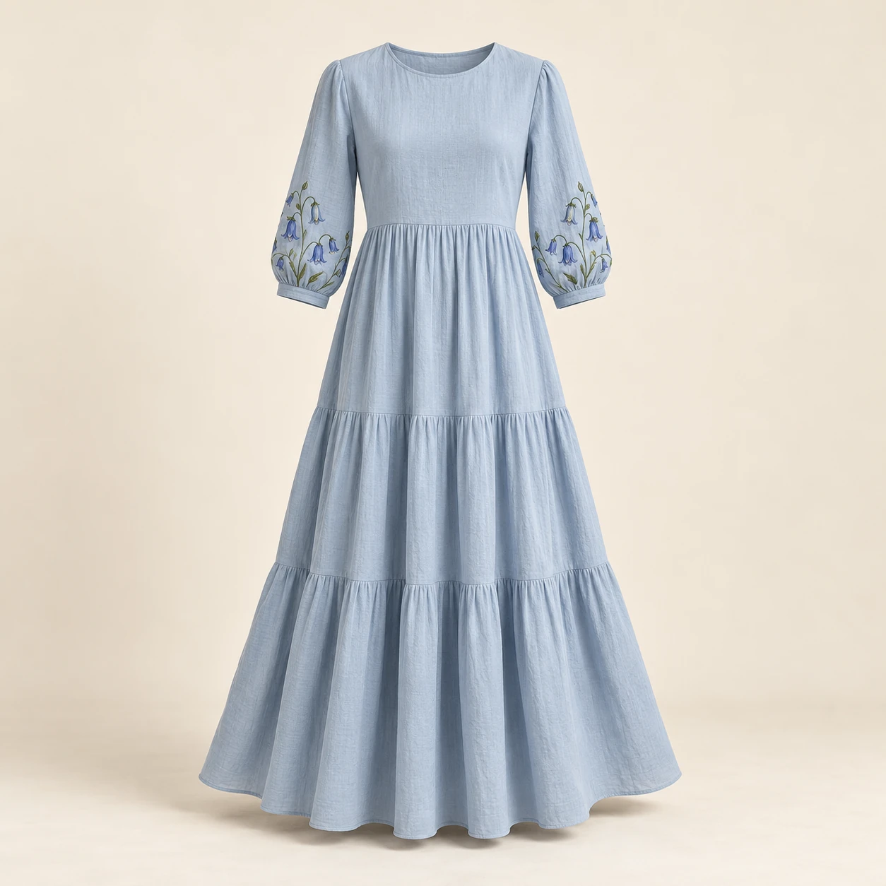 Bluebell Grove Dress, Mist blue, bluebell embroidery at the cuffs