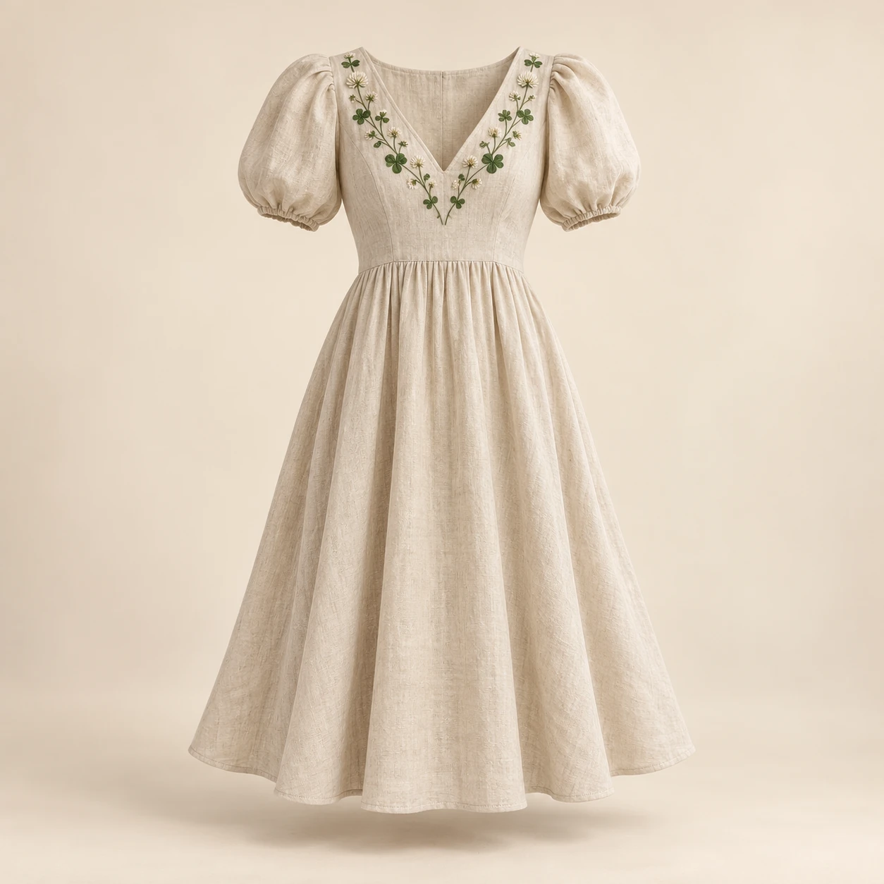 Clover Dawn Dress, Oatmeal, clover embroidery along the neckline