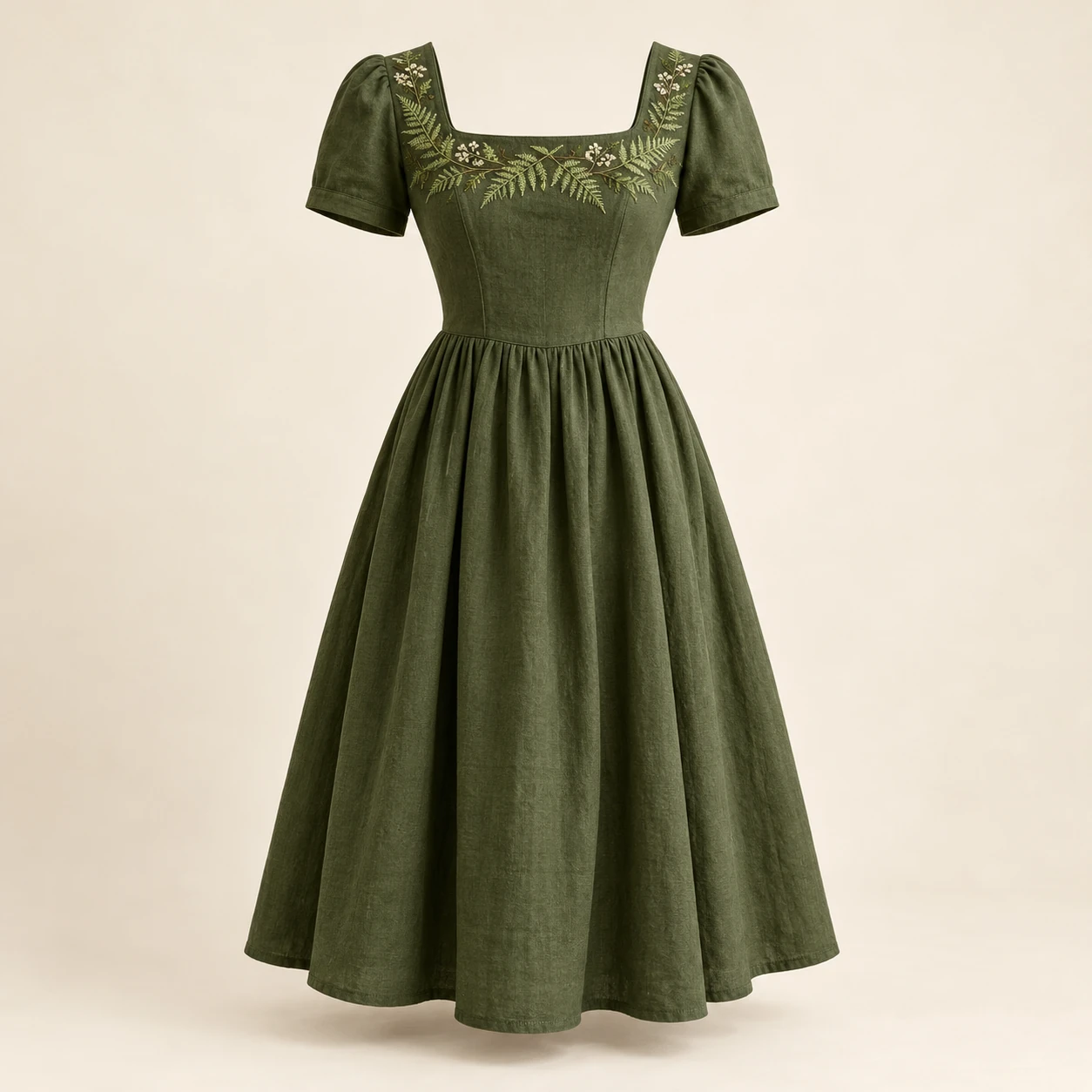 Fernlight Midi Dress, Moss green, fern embroidery around the neckline