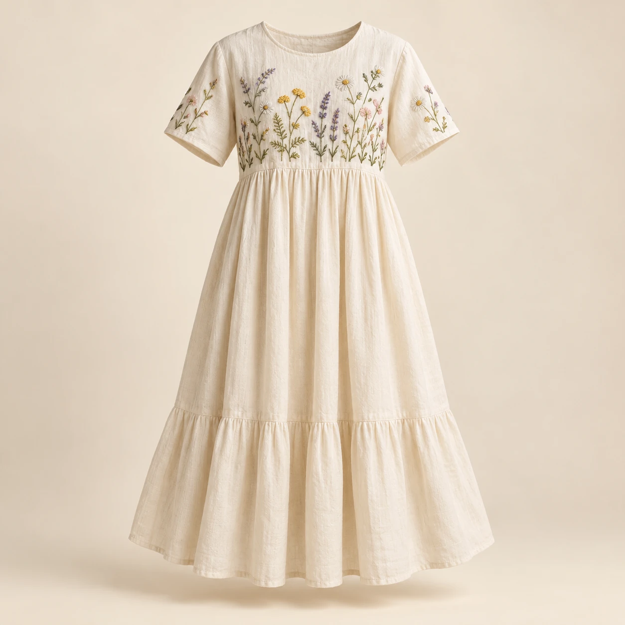 Meadow Whisper Dress, Cream, wildflower embroidery across the chest
