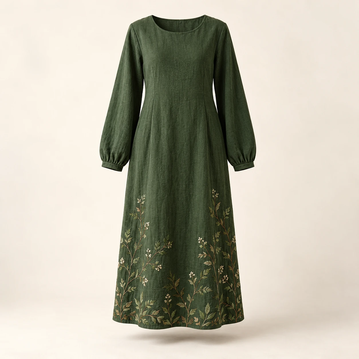 Moss & Thread Dress in Deep moss, vine embroidery along the hem