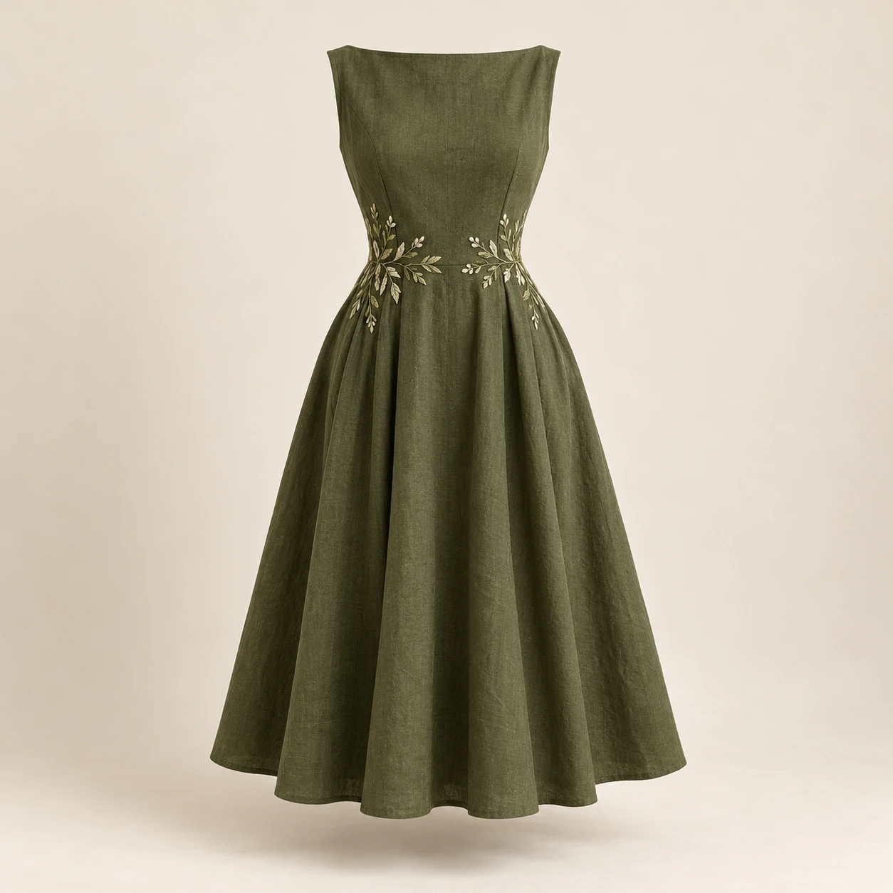 Olive Sprig Dress in Olive, olive sprig embroidery at one side of the waist