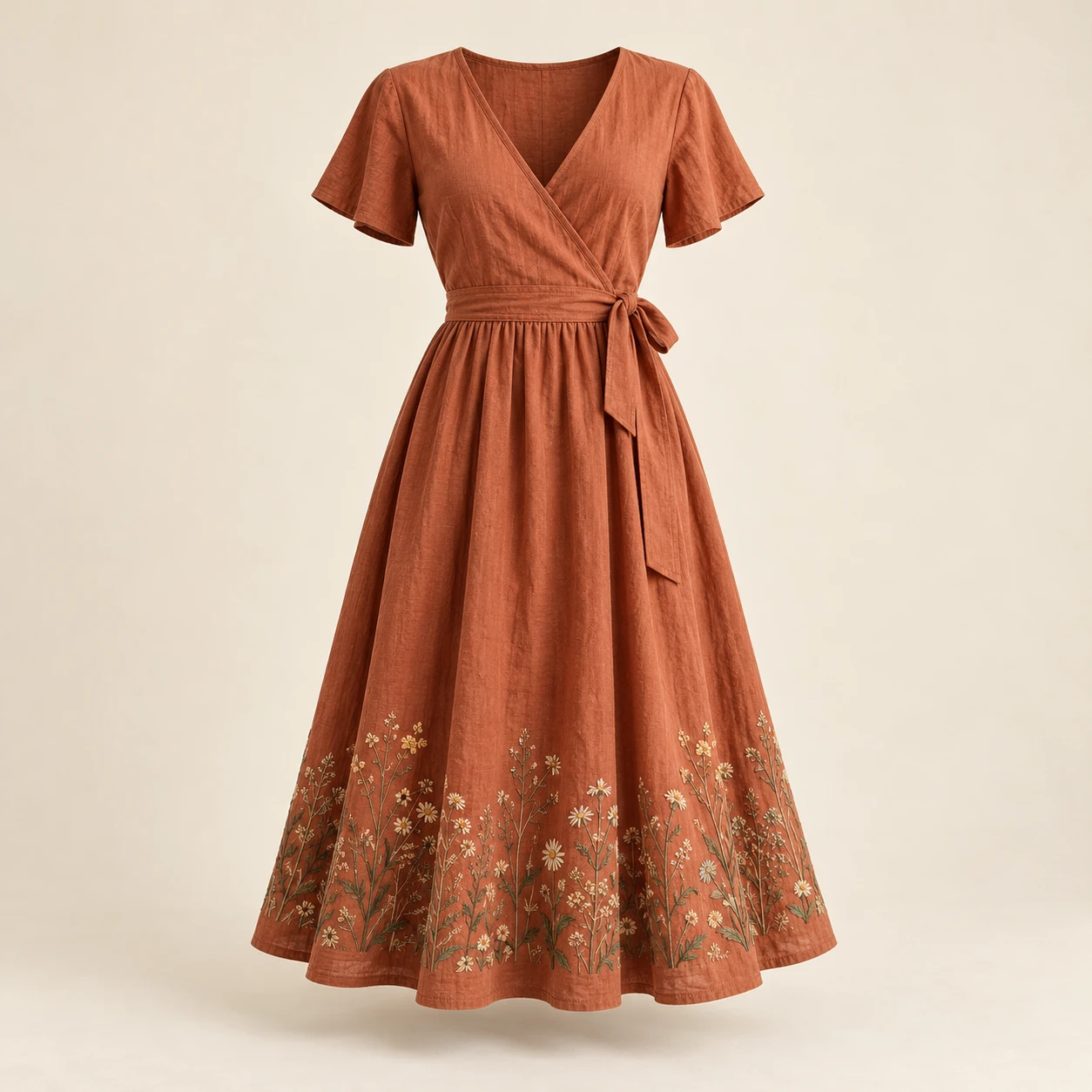 Petalwood Wrap Dress, Terracotta, small flower embroidery at the skirt edge