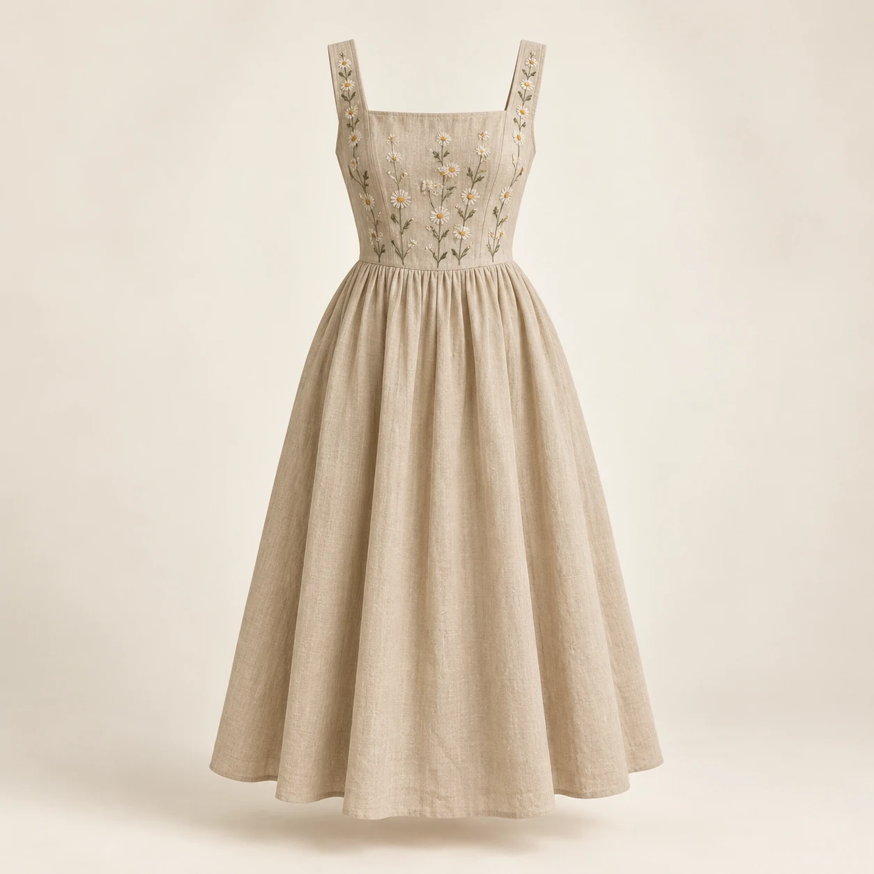 Wild Daisy Dress, Sand, daisy embroidery on the bodice