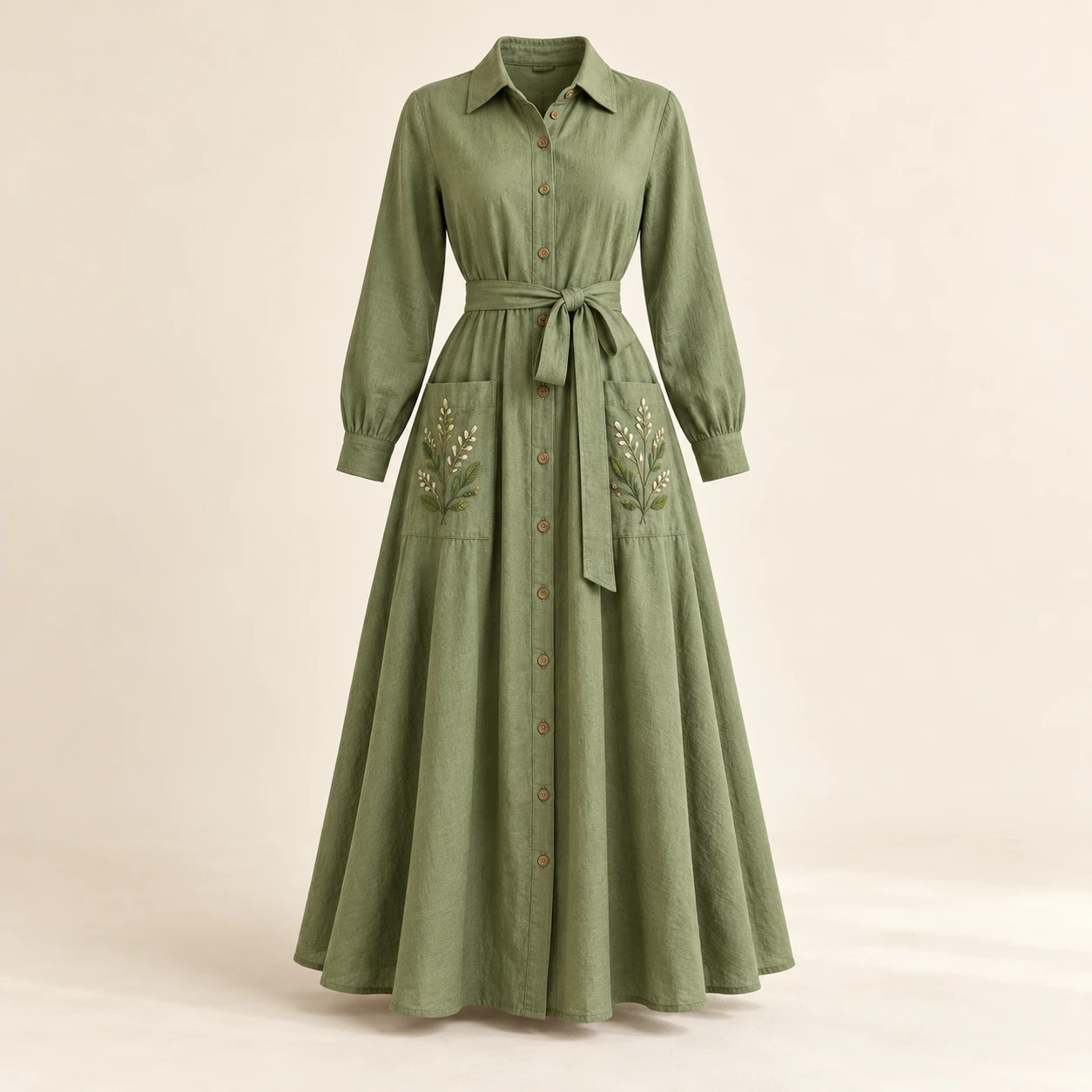 Willow Path Shirt Dress in Willow green, leaf embroidery on the chest pocket